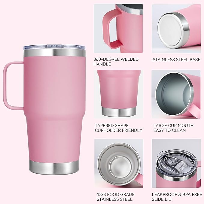 20 oz Stainless Steel Tumbler with Handle Metal Insulated Coffee Travel Mug with Handle Double Wall Tumbler Cup with Handle and Lid, Pink 1 Pack