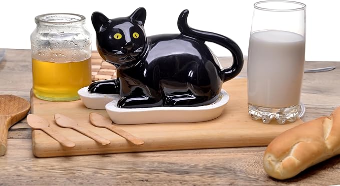 Black Cat Butter Dish with Lid – Ceramic Butter Holder, Porcelain Butter Container – Cute Cat Kitchen Decor – Dishwasher & Microwave Safe – Fits 7.8 x 4.7 Inch Butter Stick