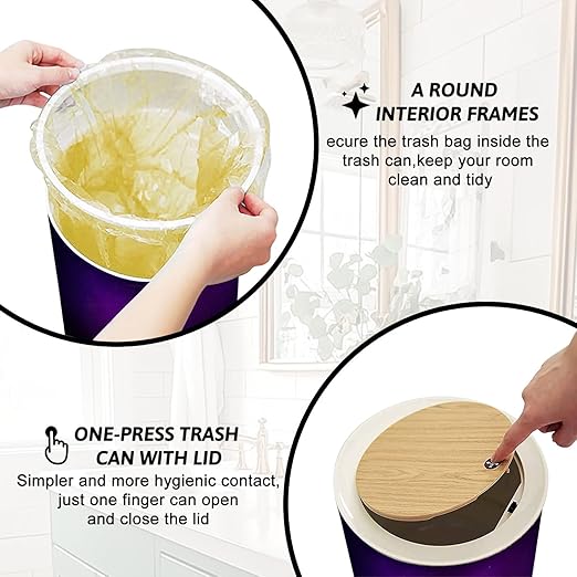 Trash Can with Lid Abstract Gradient Dark Purple Gradient Dark Purple Color Press Top Round Small Garbage Bin with Wooden Legs Waste Basket for Kitchen Bedroom Nursery 7L/1.8 Gallon