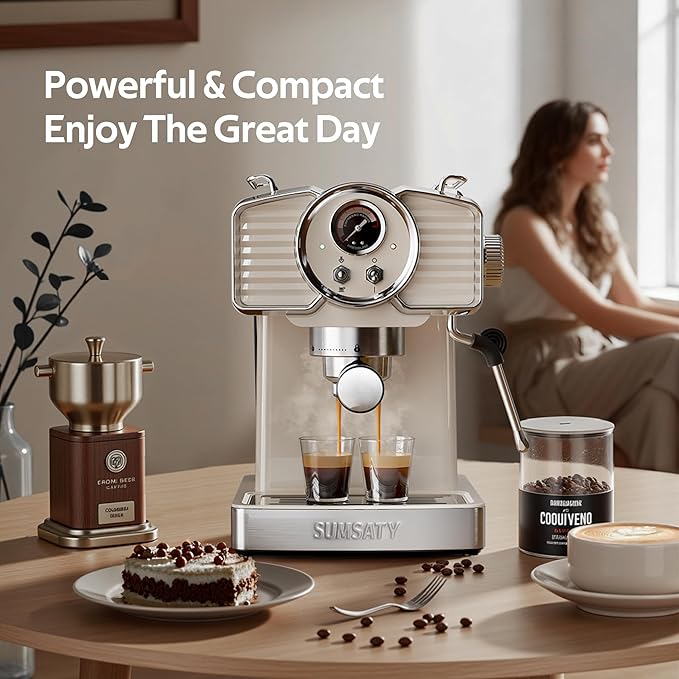 SUMSATY Espresso Machine 20 Bar, Professional Espresso Maker with Milk Frother Steamer Wand, Retro Coffee Maker Cappuccino & Latte Machine for Home, 1.8L Removable Water Tank, Off-white
