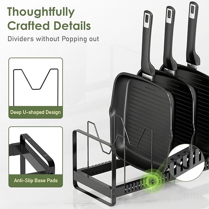 MUDEELA Pot Rack Pan Organizer inside Cabinet - Expandable Pot Lid Organizer for Cabinet with 12 Adjustable Dividers, Cutting Board Organizer Holder Baking Rack Kitchen Cabinet Storage Organization