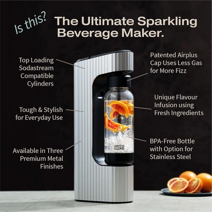 Twenty39 qarbo LUXE Premium Sparkling Water & Beverage Maker – Anodised Aluminium, Carbonates Any Drink includes 3 bottles caps (cylinder not included)