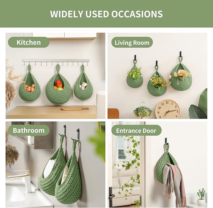 Boho Wall Hanging Fruit Baskets for Kitchen 3 Pack Woven Produce Holder with 6 Pcs Strong Hooks Vegetable Hanging Basket for Organizing Teardrop Home Wall Potato Onion Storage, Green