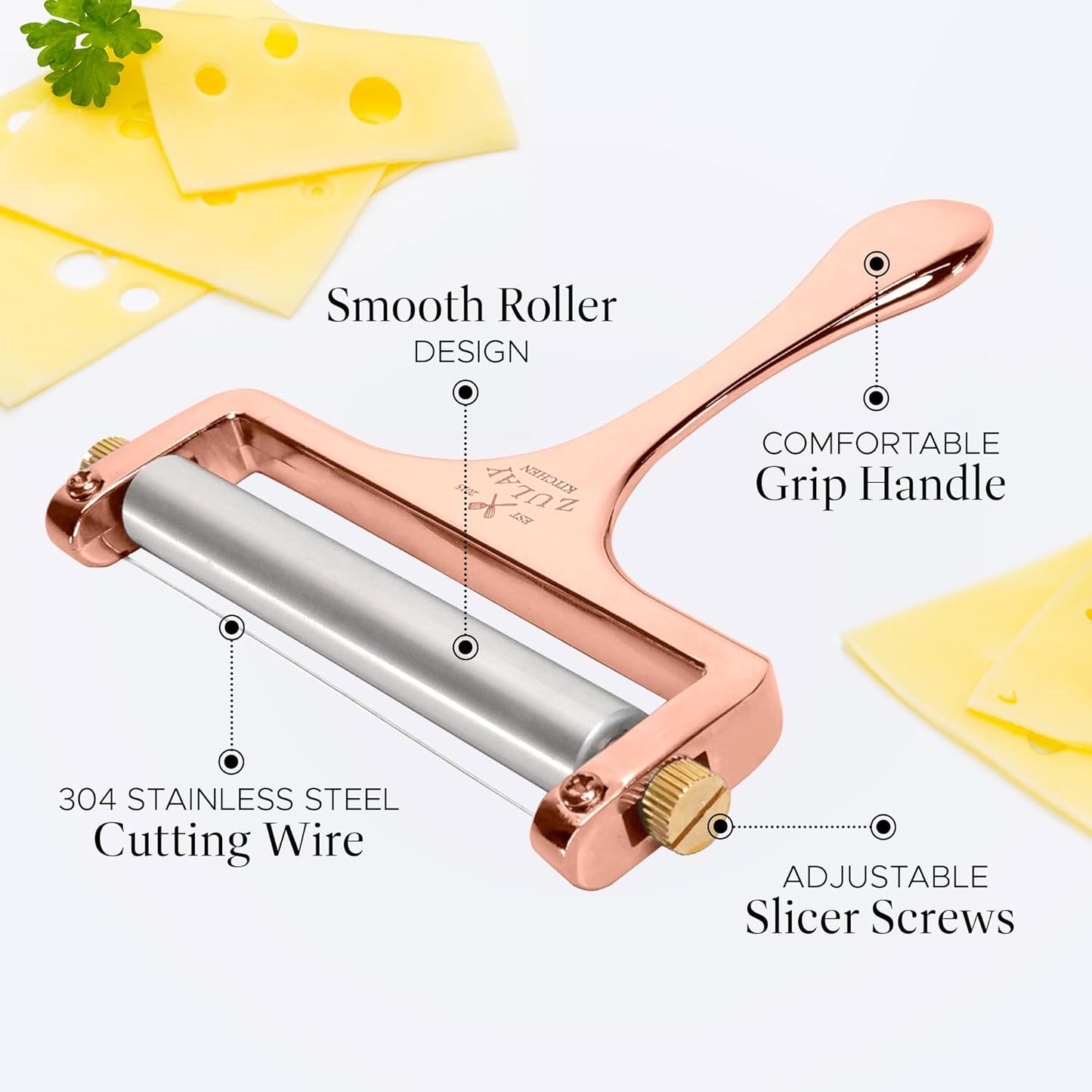 Zulay Adjustable Cheese Slicer - Wire Slicer for Mozzarella, Cheddar, Gouda - Heavy Duty With 2 Extra Wires (Rose Gold)