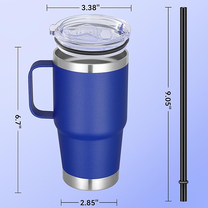 20 oz Stainless Steel Tumbler with Handle Bulk Metal Insulated Tumblers Travel Coffee Mug with Handle Double Wall Tumbler Cup with Lid and Straw, Blue 6 Pack