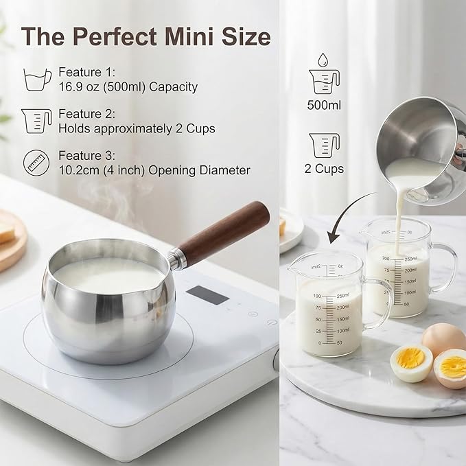 17oz Stainless Steel Sauce Pot with Heat Resistant Wooden Handle, Butter Warmer Milk and Coffee Warmer, Chocolate Melting Pot, Mini Sauce Pan for Coffee