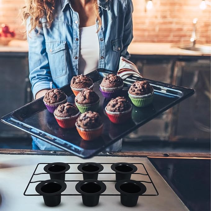 Nonstick Thick Carbon Steel 6-cup Muffin Pan Deep Baking Tray for Oven Pudding Popover Baking, Black Sturdy Bakeware for Muffins and Cupcakes