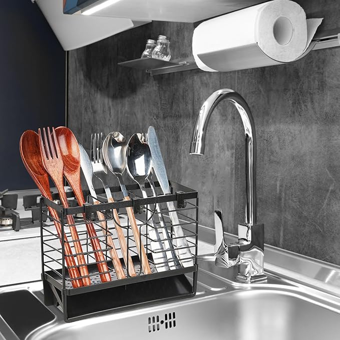 Utensil Holder, Stainless Steel Utensil Drying Rack with 3 Compartments and Automatic Drain Tray for Kitchen Counter, Silverware Cutlery Flatware Holder Forks, Knives, Spoons, Chopsticks Organizer