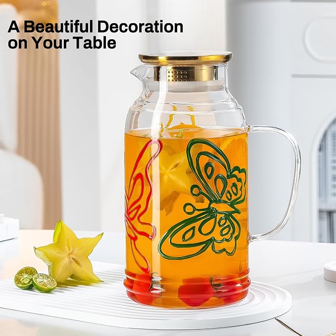 Buaic Glass Pitcher with Lid and Handle,2 PACK 68 oz/2 Liter Vintage Hand Painted Butterfly Design Fridge Water Pitcher, Borosilicate Glass Water Carafe for Hot/Cold Water Iced Sun Tea,Heat Resistant