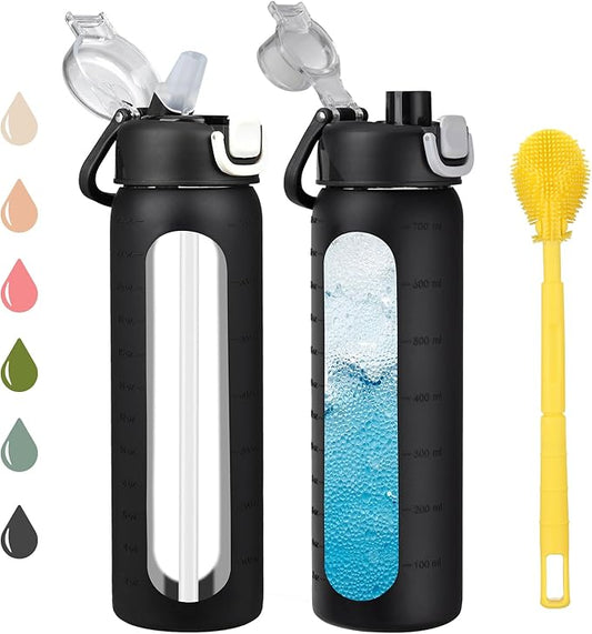 chunmo 24 oz Glass Water Bottles with 2 Lids-Handle Spout Lid & Straw Lid, Motivational Water Bottle with Time Marker and Silicone Sleeve,Leakproof-Black-1 Pack