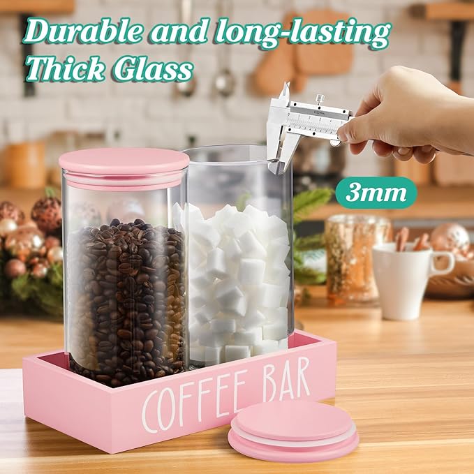 Pink Coffee Canister for Ground Coffee - 2 Pack 45oz Glass Coffee and Sugar Container Set with Airtight Lids and Tray - Pink Coffee Bean Storage Jars for Coffee Bar Kitchen Decor and Accessories