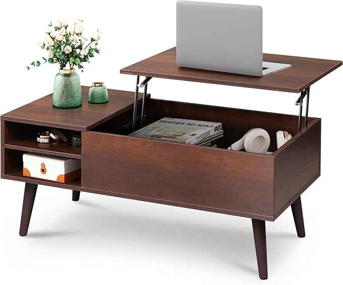 WLIVE Lift Top Coffee Table for Living Room,Small Coffee Table with Storage,Hidden Compartment and Adjustable Shelf,Mid Century Modern, Wood,Cherry,Espresso.