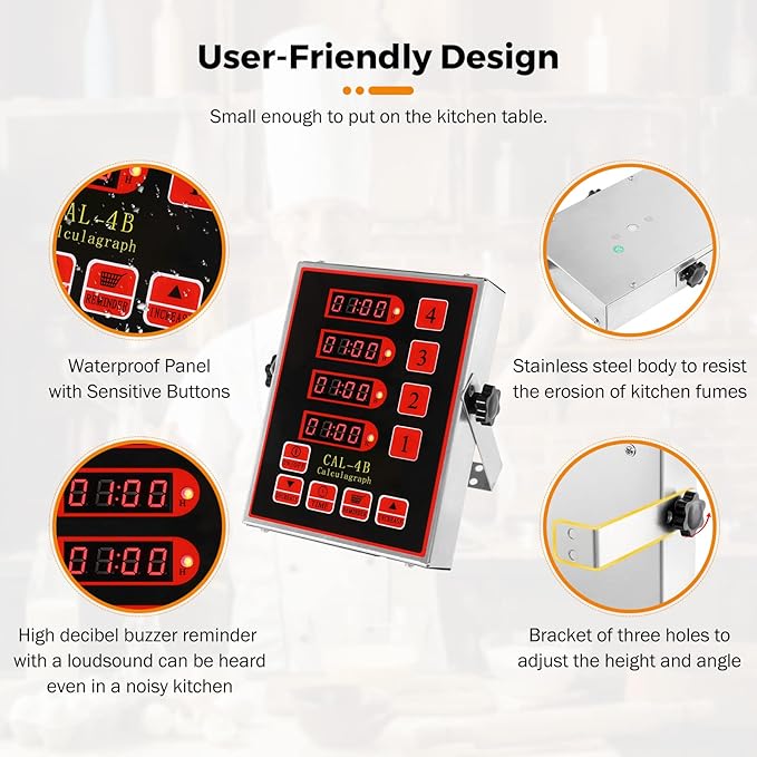 BEAMNOVA 4 Channel Digital Kitchen Timer with Loud Adjustable Alarm, Stainless Steel Commercial Cooking Timer for Restaurant, 0-99h Hours Minutes and Seconds Countdown