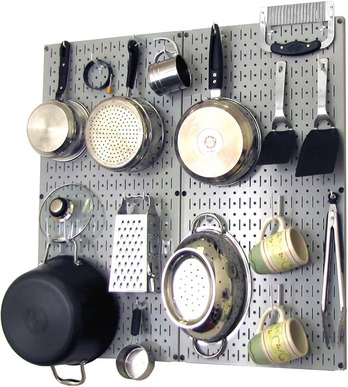 Wall Control Kitchen Pegboard Organizer Pots and Pans Storage Rack Organization Kit with Grey Pegboard and White Accessories