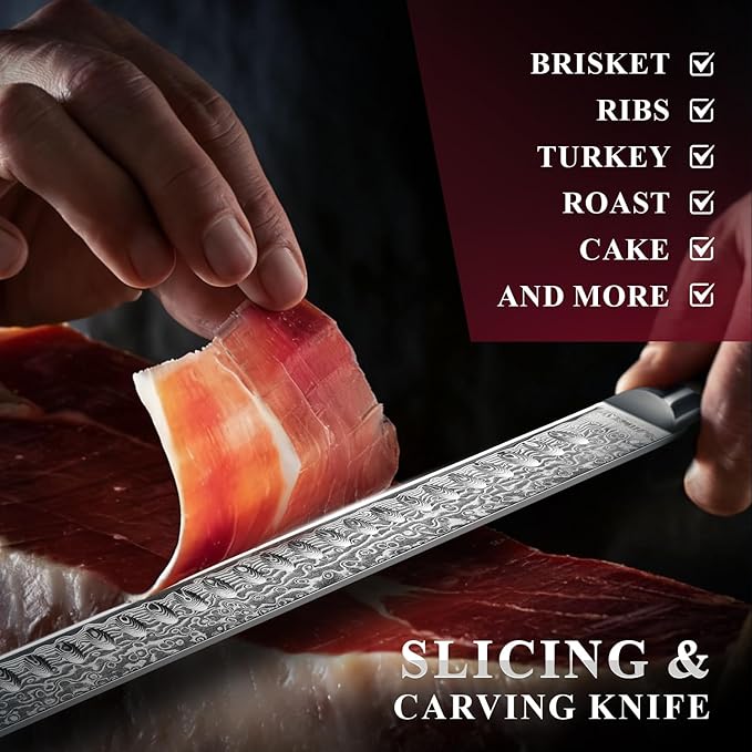 Emojoy Damascus Brisket Slicing Knife, 12" Carving Knife with Japanese Steel, Olive Wood Handle, Luxury Wooden Gift Box, Razor Sharp for Meat & Turkey