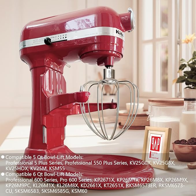 Heavy Duty Whisk Attachment for KitchenAid 5Plus-6QT Bowl-Lift Stand Mixers- Extra Thick Stainless Steel Wire Whip for Fast Whipping, Perfect for Large Batches, Dishwasher Safe