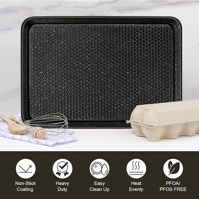 Wildone 2 Pack Half Sheet Baking Pans, Honeycomb Embossed Nonstick Baking Sheet 17.5x12 In, Thicker Carbon Steel Cookie Sheet, Even Heating & Warp Resistant, Black