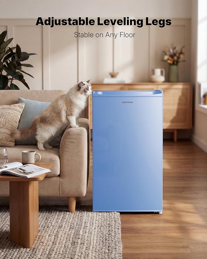 Upstreman 3.2 Cu.Ft Mini Fridge with Freezer, Single Door Mini Fridge, Dorm Fridge, Adjustable Thermostat, Mini Refrigerator for Bedroom, Office, Dorm, Blue-BR321