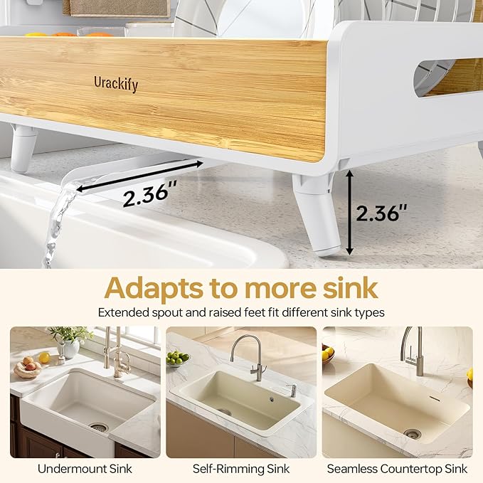 Urackify Dish Drying Rack for Kitchen Counter - Stainless Steel & Bamboo Dish Rack with Large Removable Utensil Holder, Dish Drainer with Adjustable Automatic Spout, White