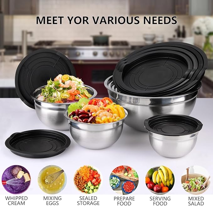 Leidawn Mixing Bowls with Lids set - 25 PCS Stainless Steel Nesting Black Mixing Bowls Set for Baking, Mixing, Serving & Prepping, Size 5, 3.7, 2.8, 2.3, 1.7, 1.1, 0.7QT, 11 Cooking Utensils