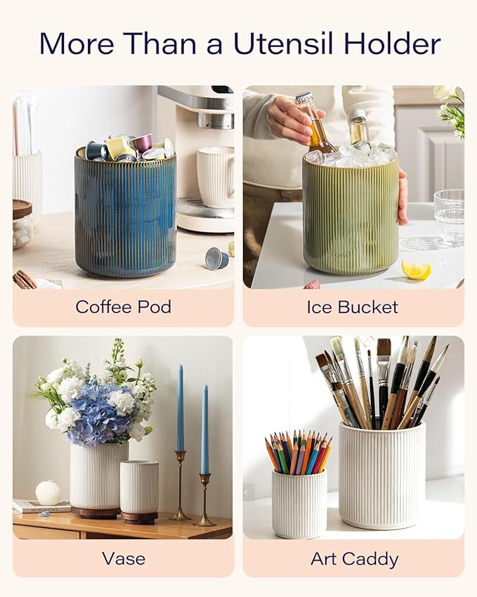 getstar Large Utensil Holder for Kitchen Counter,7.2" Vintage Ceramic Utensils Crocks Utensil Organizer for Spatula Farmhouse Kitchen Decor