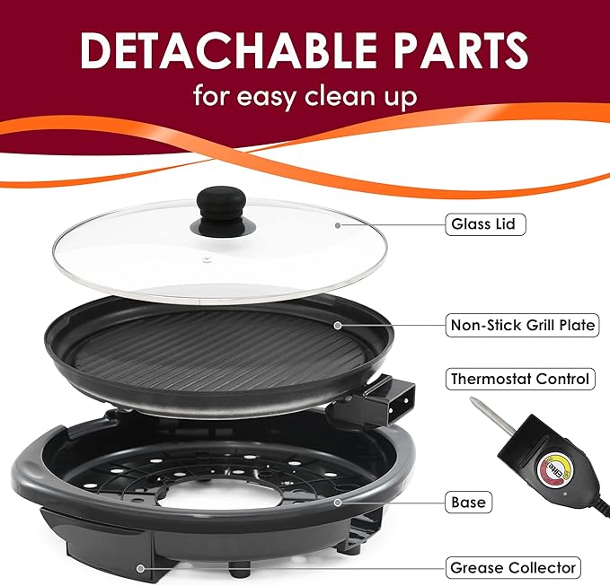Elite Gourmet EMG-980BX Large Indoor Electric Round Nonstick Grill Cool Touch Fast Heat Up Ideal Low-Fat Meals Dishwasher Safe Includes Glass Lid, 14", Black