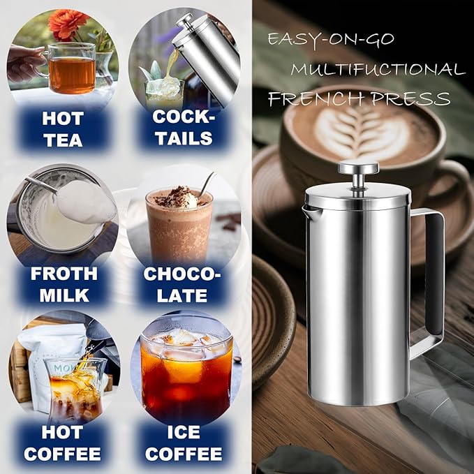 Samll French Press Coffee Maker 21OZ, Stainless Steel 600ml Coffee Press with Black Handle for Personal, Office, Travel,Camping (Sanding Silver, 1-3 Cups)