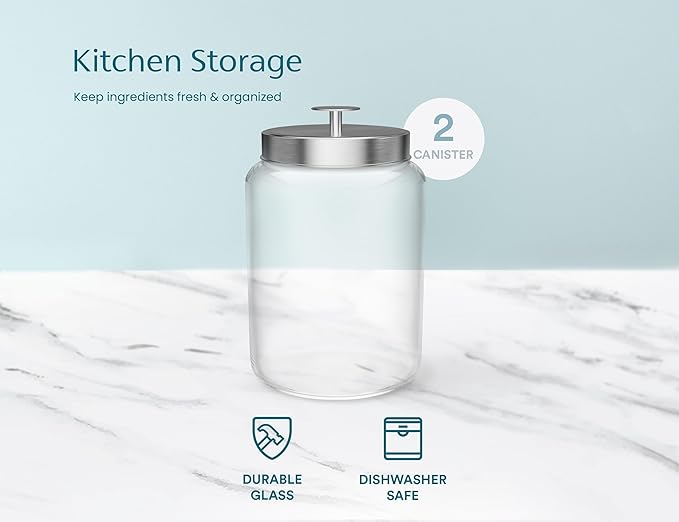 KooK Glass Storage Containers with Lids, 1 Gallon, Set of 2, Glass Canister, Laundry Jar, Kitchen Jar, Storage for Pantry, (3.7, Circular, Silver)