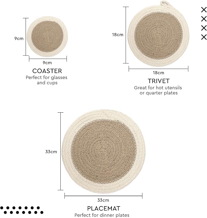 Encasa XO Round Trivet Mats for Hot Dishes with Hanging Loop | Grey Combo - Set of 3 with 7 inch Diameter | Cotton Round Thick Heat Resistant Pot Holders | Use Hot Pads Plate Mats for Hot Pots & Pans