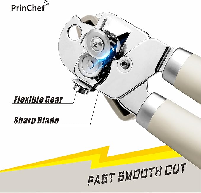 PrinChef Can Opener Manual, Can Tin Bottle Opener with Magnet - No-Trouble-Lid-Lift, Handheld Can Opener Smooth Edge with Sharp Blade, Heavy Duty and Easy to Use, for Seniors with Arthritis, White
