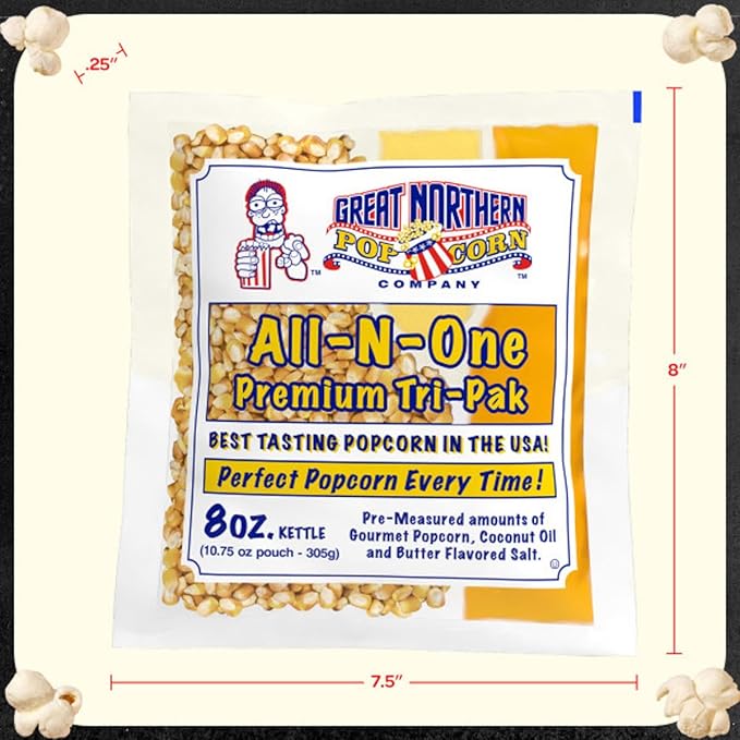 Movie Theater Style Popcorn Packs - Pre-Measured 8-Ounce All-in-One Kernel,Salt,Oil Packets for Popping Machines by Great Northern Popcorn,(Pack of 24)