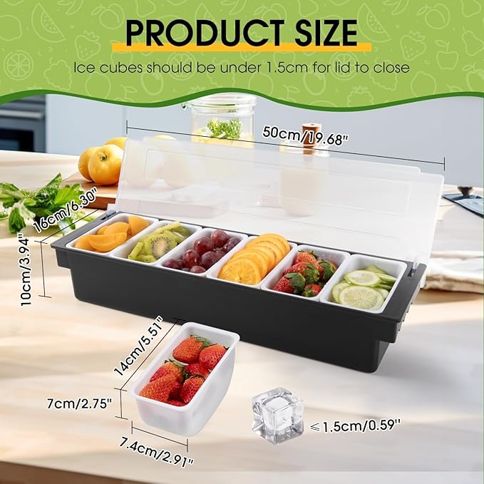 Ice Cooled Condiment Serving Container Fruit Veggie Condiment Caddy Plastic Garnish Station with Lid for Fruit,Ice Cream,Salad Bar-Topping Organizer for Restaurant Supplies (6 Compartments)