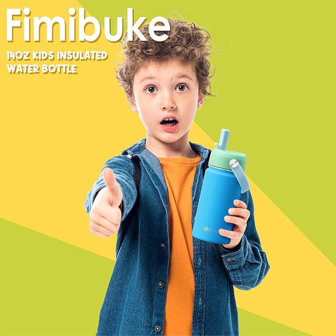 Fimibuke Kids Insulated Water Bottle, 14oz BPA FREE 18/8 Stainless Steel Travel Tumbler Double Wall Vacuum Leak Proof Kids Cup with Straw Metal Water Bottle for School Boys Girls(1 Pack, Harbor Grey)