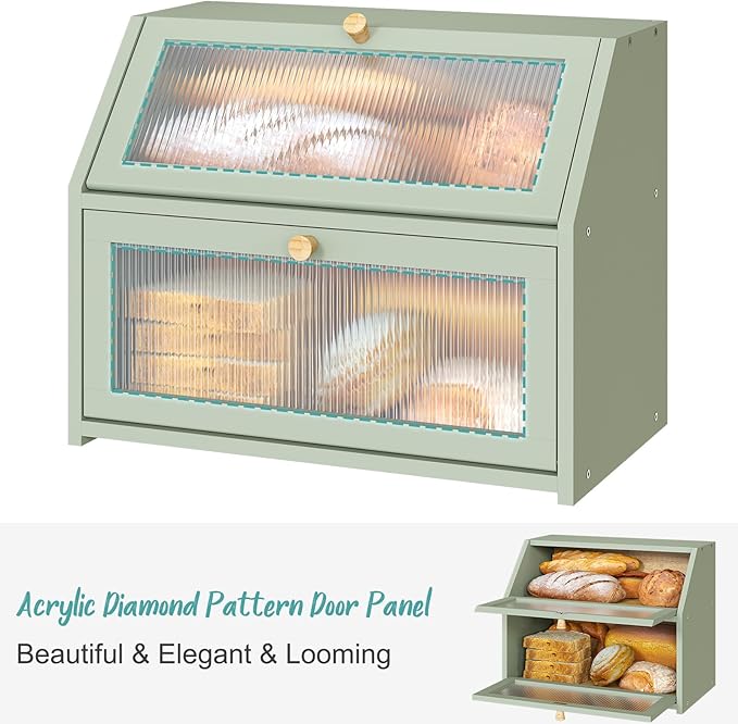 Green Bread Box for Kitchen Counter, Large Bamboo Wood Double Layer Bread Box, Wooden Bread Storage Capacity