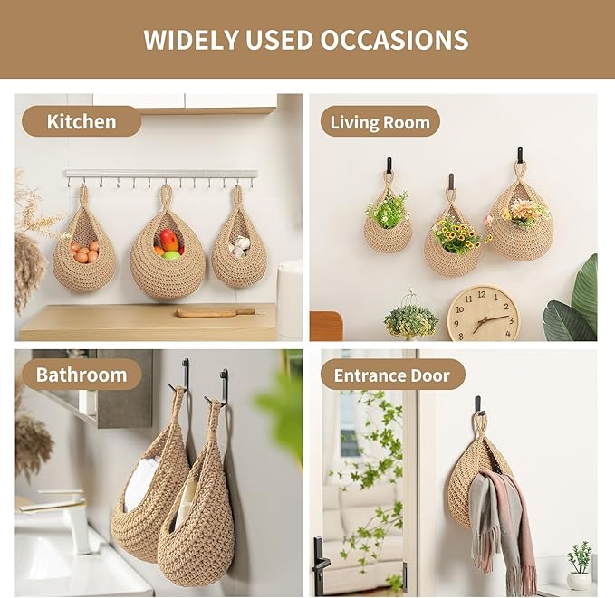 Boho Wall Hanging Fruit Baskets for Kitchen 3 Pack Woven Produce Holder with 6 Pcs Strong Hooks Vegetable Hanging Basket for Organizing Teardrop Home Wall Potato Onion Storage, Linen