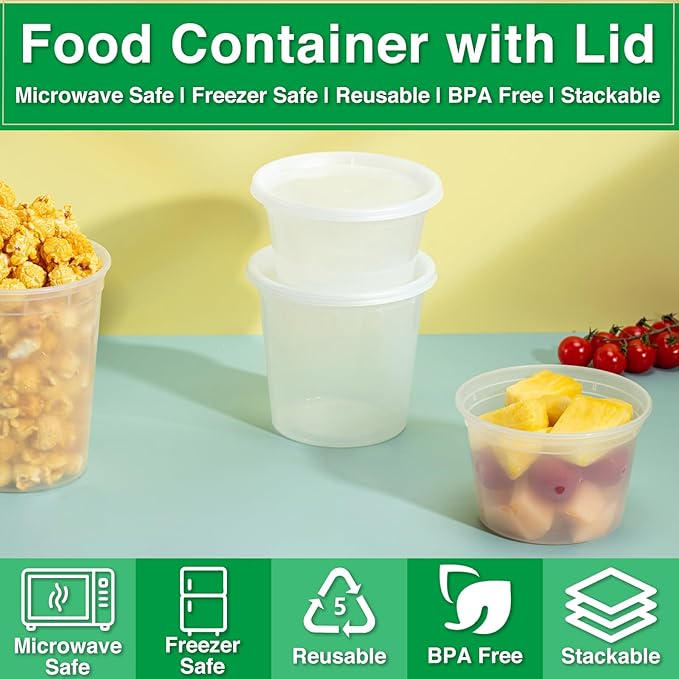 Deli Food Containers with Lids 30 oz-60 Pack Meal Prep Containers Food Storage Containers with Lids Stackable, Leakproof, BPA Free, Microwave Dishwasher Freezer Safe for Takeout Meal