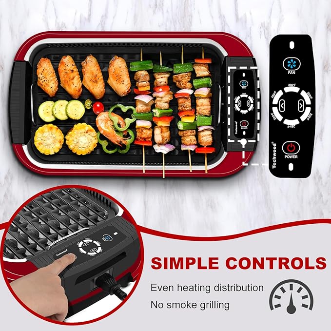Indoor Smokeless Grill, Techwood 1500W Electric Indoor Grill with Tempered Glass Lid, Portable Non-stick Korean BBQ, Turbo Smoke Extractor Technology, Drip Tray& Double Removable Plate, Red