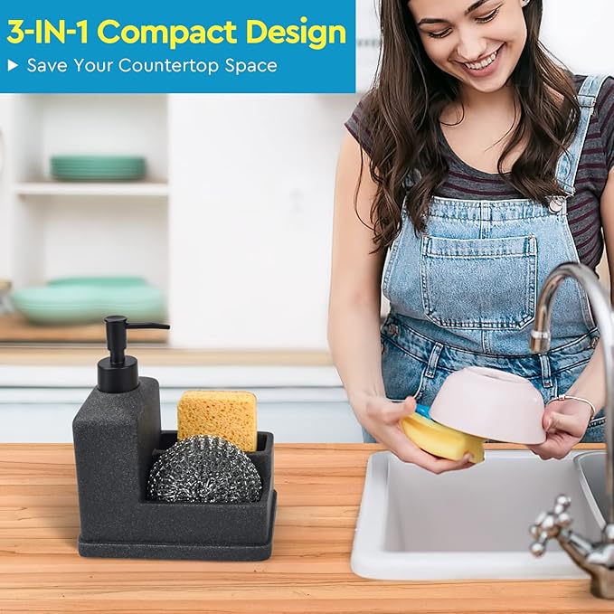 Dish Soap Dispenser with Sponge Holder,Liquid Hand and Dish Soap Dispenser and Spong Caddy with Brush Holder 3 in 1 Countertop Organizer for Kitchen Sink and Bathroom,Black