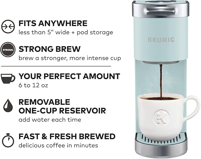 Keurig K-Mini Plus Single Serve K-Cup Pod Coffee Maker, with 6 to 12oz Brew Size, Stores up to 9 K-Cup Pods, Travel Mug Friendly, Misty Green