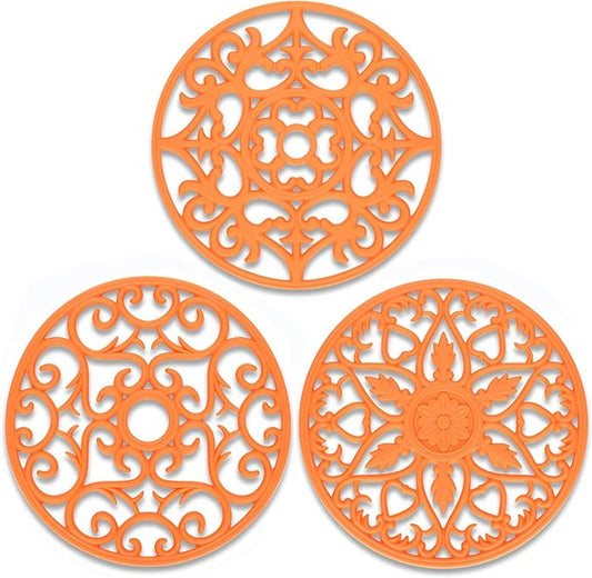 ME.FAN Trivets for Dishes/Pots/Pans, 3 Pcs Silicone Mats, Flexible/Durable/Non Slip Hot Pads to Protect Table and Counter Top (Orange)