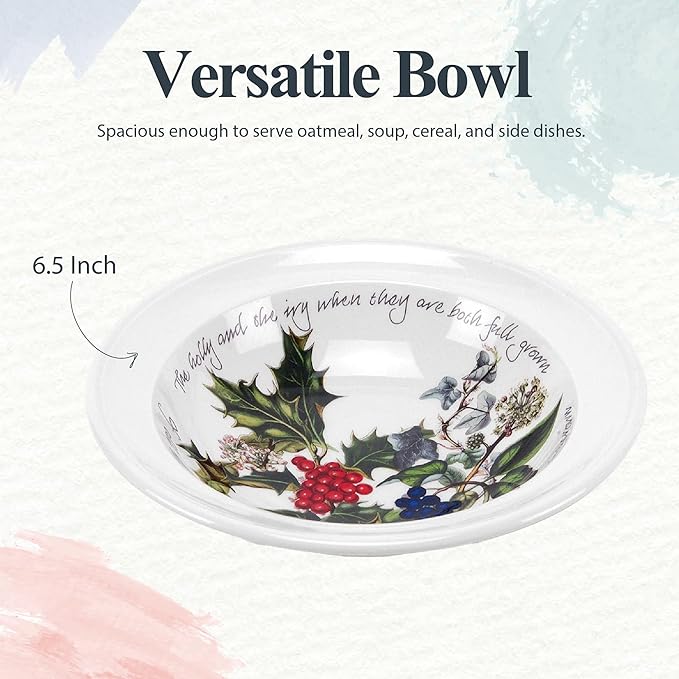 Portmeirion Holly and Ivy 6.5" Cereal Bowls (Set of 6) - Dishwasher & Microwave Safe Round Bowls, Hand-Decorated Earthenware, Everyday Breakfast Bowls for Holiday Dinnerware