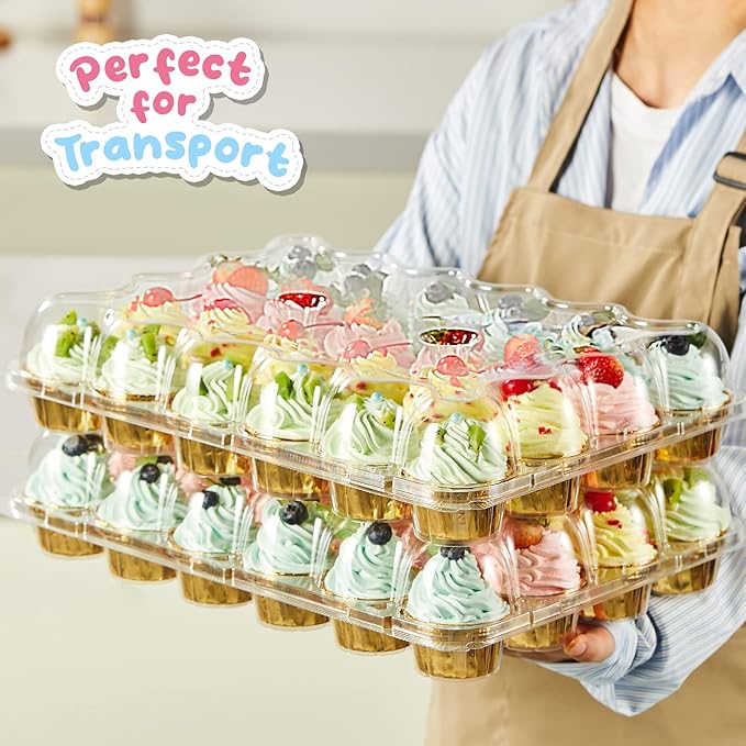 Gencywe (24 Pack x 10 Sets) Stackable Cupcake Carrier Holders with 240 Pack Cupcake Liners, Plastic Cupcake Boxes Holders for 24 Cupcakes, High Tall Dome Lid Cupcake Containers, Clear Cupcake Trays
