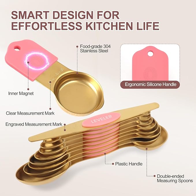16-Piece Stainless Steel Measuring Cups and Spoons Set, Strong Magnetic Nesting Design 7 Cups 8 Spoons with Leveler, Double Measurement Markings for Dry & Liquid Ingredients, Pink & Gold