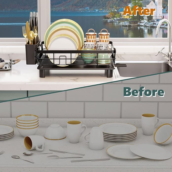 AIDERLY Iron Dish Drying Rack with Drainboard Dish Drainers for Kitchen Counter Extendable Spout Strainers with Utensil Holder and Knife Slots, Black
