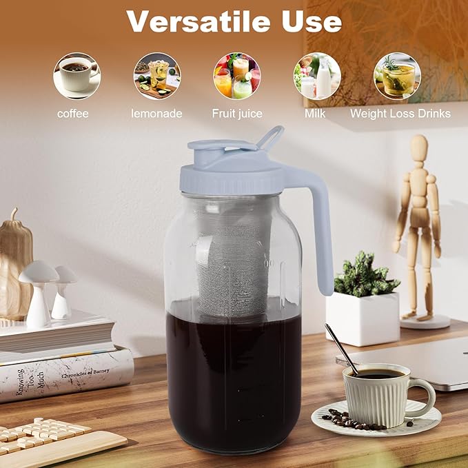 Cold Brew Coffee Maker,64 oz Mason Jar Pitcher with Stainless Steel Filter, Pour Spout Handle Lid, Heavy Duty Glass Airtight & Leak-Proof Pitcher for iced coffee Tea Lemonade-Gray