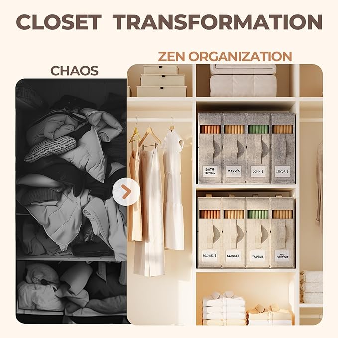 4Pack Sheet Organizers and Storage - King/Queen Size Sheet Storage Organizer with Window, Foldable & Dustproof Sheet Organizer for Linen Closet for Summer Blankets & Sheet Sets,Grey