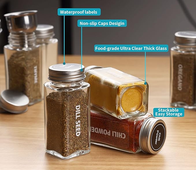 Antimbee 40-Pack 3.5 OZ Glass Spice Jars with 324 Labels, Shaker Lids and Airtight Metal Caps, Empty Reusable Square Seasoning Bottles, Spice Storage Containers, Marker and Stainless Steel Funnel