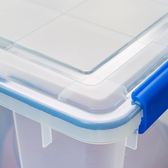 IRIS USA WeatherPro 74 Qt Storage Bins with Lids, 3 Pack, BPA-Free Plastic Gasket Box with Tight Latch and Seal, Stackable Nestable Tote Tub - Clear/Blue