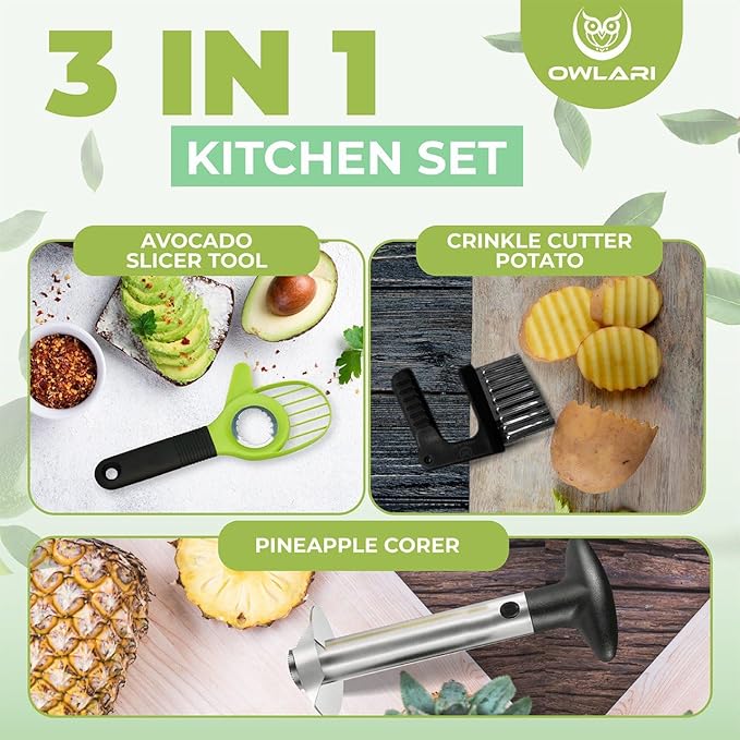 Avocado Tool 3 in 1 Includes Avocado Cutter, Pitter, Peeler – Pineapple Corer and Slicer Peeler – Crinkle Knife, Wavy Potato Cutter, French Fry & Fruit Slicer – Kitchen Gadgets Set