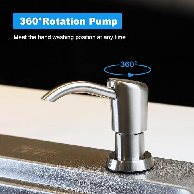 Soap Dispenser for Kitchen Sink, Sink Soap Dispenser Pump, Kitchen Sink Soap Dispenser Built-in with Top Refill Design, Brushed Nickel ABS Head with 12 Ounce Bottle